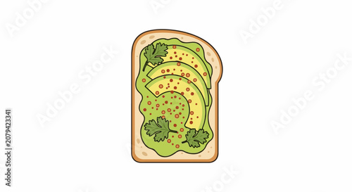 A slice of toast is topped with mashed avocado sliced avocado and herbs