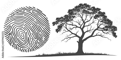 Foto Fingerprint icon beside a tree silhouette representing biological uniqueness and