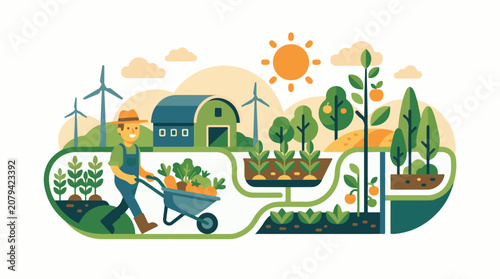 A smiling farmer pushing a wheelbarrow full of vegetables through a vibrant agricultural landscape