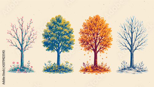 Four seasons tree illustration showing spring blossom, summer foliage, autumn leaves, and winter branches on textured paper