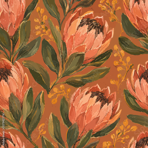 Hand-painted gouache protea floral seamless pattern with coral blooms, dark green leaves, and mustard accents on a warm terracotta background.