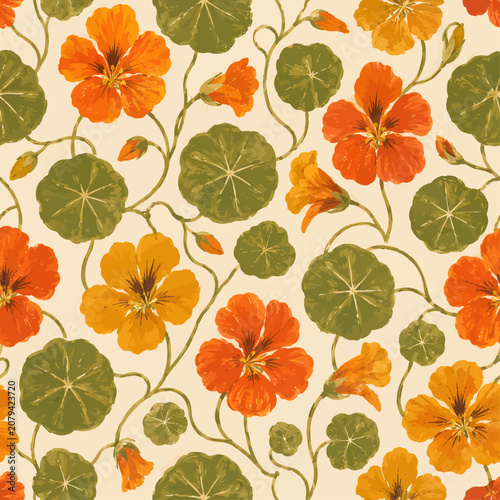 Hand-painted gouache nasturtium seamless pattern with orange and yellow flowers, round green leaves, and trailing garden vines.