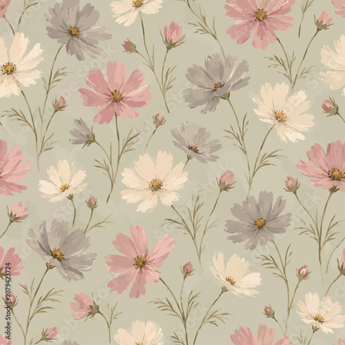 Seamless gouache cosmos flower pattern with soft pink, cream, and gray blooms on a muted sage green background