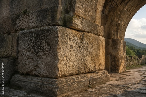 A massive, weathered cornerstone supporting an ancient stone archway.