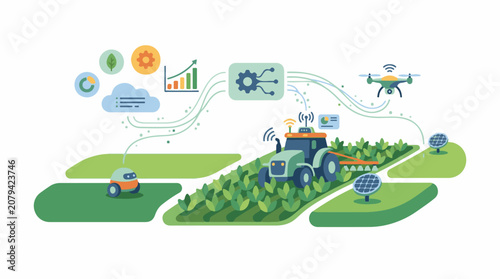A vibrant illustration depicting a futuristic farm with a tractor drone and solar panels