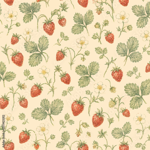 Seamless wild strawberry pattern with red berries, white blossoms, green leaves, and hand-drawn pencil texture on a warm cream background.