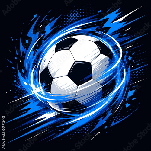 Powerful soccer ball illustration surrounded by electric blue motion swirls on a dark background, perfect for football graphics, sports posters, and digital promotions.