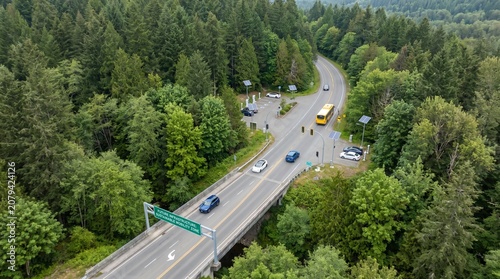 Aerial view of winding road cutting through dense green forest with cars driving, representing sustainable transportation, electric vehicle concept, smart mobility and eco friendly future infrastructu