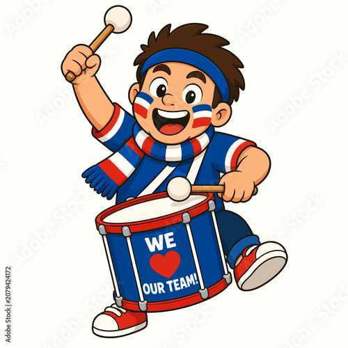 UntitledCute cartoon soccer fan mascot playing a supporter drum with scarf and cap, designed for football fandom, matchday graphics, stickers, and team merchandise.