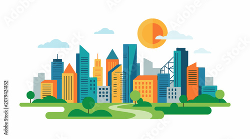 Colorful abstract cityscape with skyscrapers a sun clouds and green park space