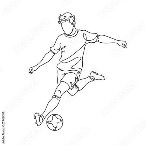 Minimal continuous line illustration of a soccer player kicking a ball, suitable for football coaching graphics, sports logos, coloring pages, and clean poster design.