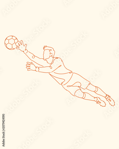 Minimal red line art illustration of a soccer goalkeeper diving to catch the ball, designed for football training, sports posters, and clean athletic branding.