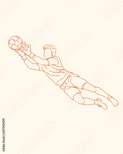 Minimal red line art illustration of a soccer goalkeeper diving to catch the ball, designed for football training, sports posters, and clean athletic branding.