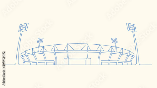 Minimal blue line illustration of a soccer stadium with floodlights, created for sports venue graphics, football event banners, and architectural poster layouts.