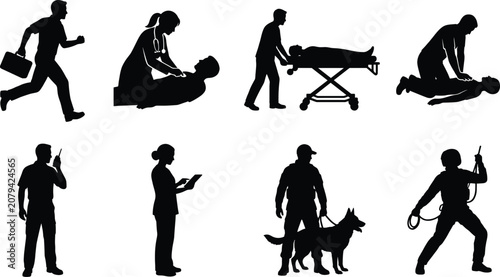 Emergency rescue team and medical personnel silhouettes performing first aid CPR and patient care activities