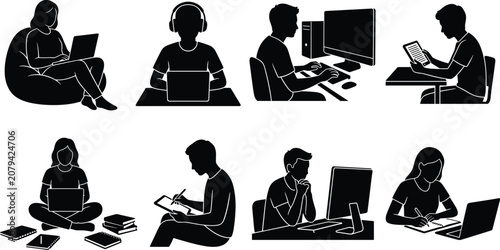 People using laptops and desktop computers collection featuring remote working online education studying and freelance silhouettes