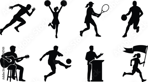 People silhouettes collection featuring athletic sports recreation musical performance public speaking and hobby activities