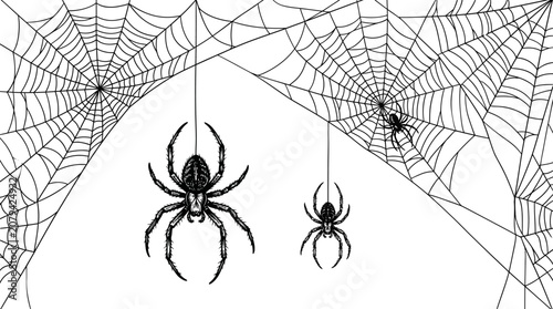Bild auf Leinwand Spooky halloween illustration black spiders hanging from intricate webs on a whi
