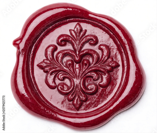Red wax seal stamp with vintage decorative ornament isolated on white