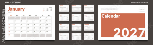 Set of 2027 Calendar Planner Template Pages Monthly, Cover with Place for Photo and Company Logo. Vector layout of a wall or desk organizer grid with week start Sunday ready print. Pages size A4, A5