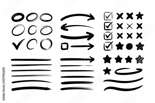 Hand Drawn Annotation Elements Set. Brush Circles, Arrows, Check Marks, Underlines, Stars, Scribbles and Highlight Marks. Vector Illustration. Editable Stroke.