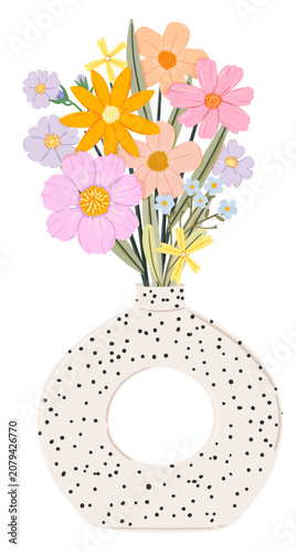 Pastel Wildflower Bouquet in Modern Vase Clipart Vector Illustration for Home Decor, Floral Design and Spring Projects