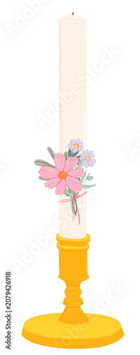 Pastel Decorative Taper Candle on Gold Candlestick Clipart Vector Illustration for Home Decor and Celebration