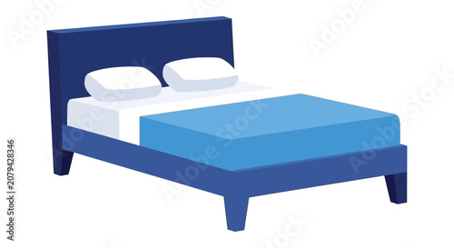 Foto Blue double bed with white pillows vector illustration on white background