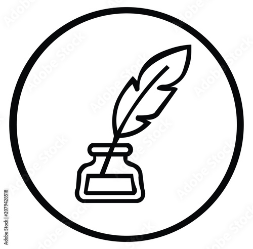 Quill pen and inkwell icon, calligraphy and writing symbol