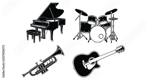 Foto Musical Instruments Collection Black And White Line Art