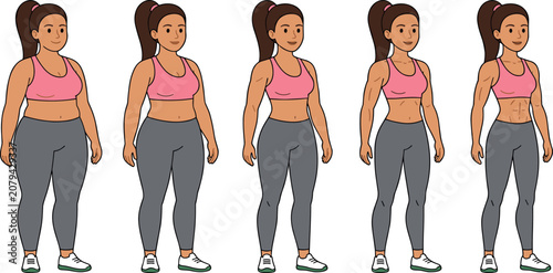 Canvas Print Woman Body Transformation Stages Character Set Showing Weight Loss and Muscle Ga