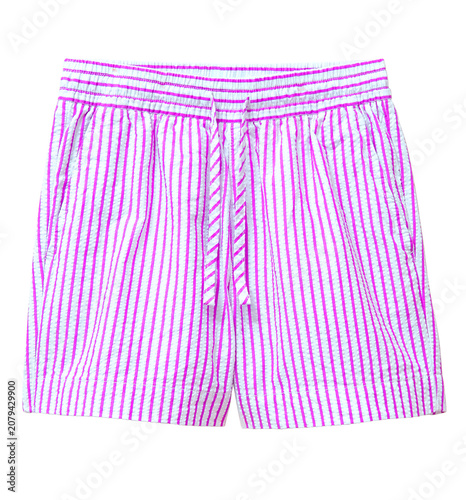 Tableau sur toile Comfortable pink and white striped seersucker casual shorts with a drawstring wa