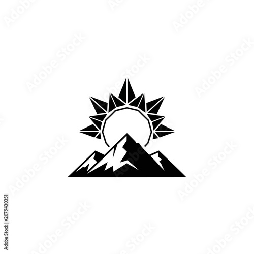 Geometric Sun Rising Over Mountains Silhouette Icon Vector