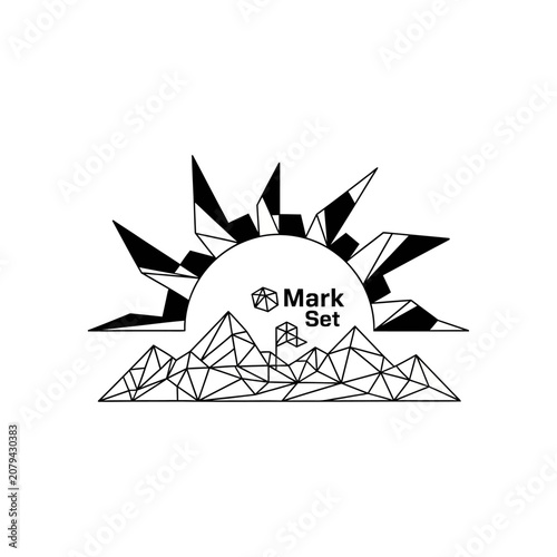 Geometric Sunrise Over Mountains with Flag, Polygonal Design