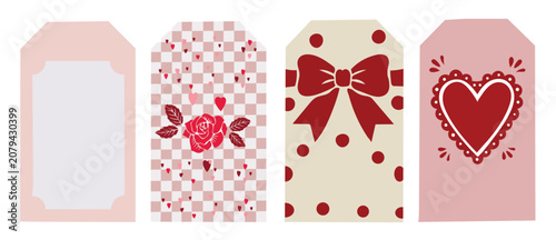 Set of four decorative gift tags with valentines day themes including hearts, a rose, and a bow