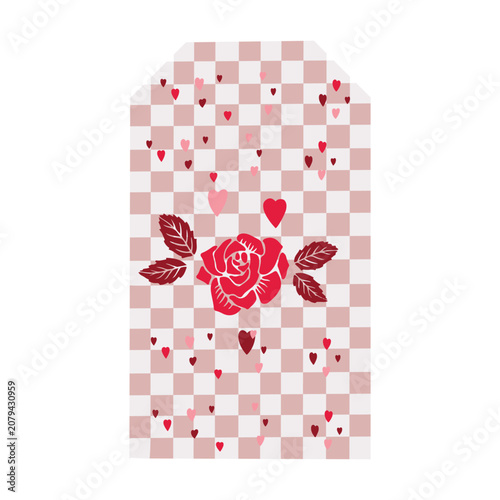 Valentine gift tag with red rose and heart pattern