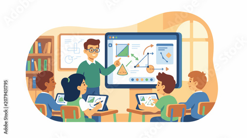 Teacher instructing students on geometric shapes using a digital screen and tablets