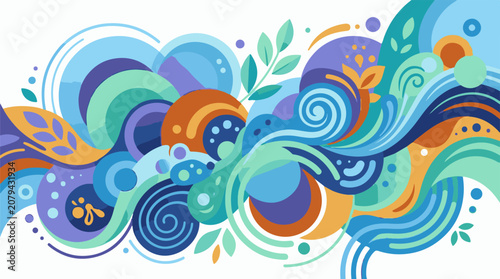 Abstract fluid shapes and organic elements in blues purples and oranges