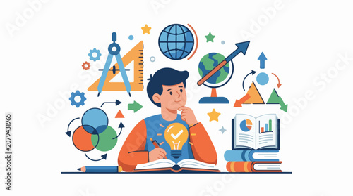 Young student contemplating ideas surrounded by learning symbols