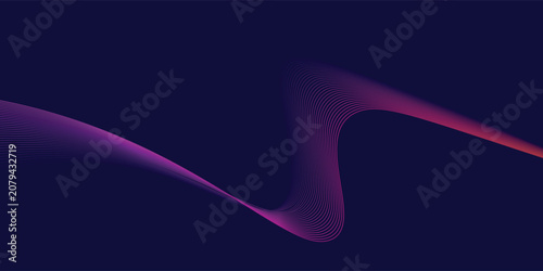  Abstract glowing wave lines on dark blue background. Dynamic wave pattern. Modern flowing wavy lines. Futuristic technology concept.