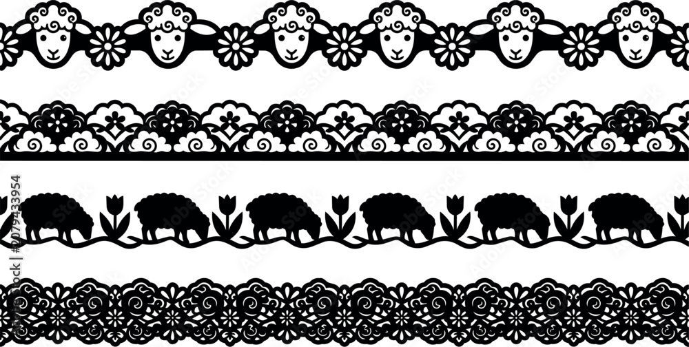 Fototapeta premium Black and white ornamental sheep and floral lace border patterns vector art
