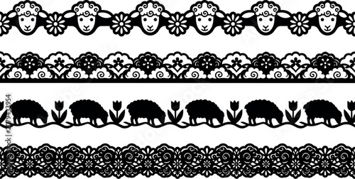 Black and white ornamental sheep and floral lace border patterns vector art