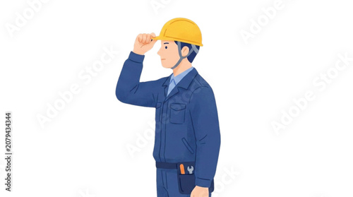 Male worker in blue uniform wearing a yellow safety helmet