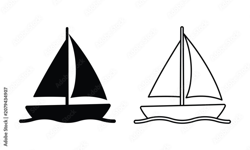 Fototapeta premium Sailing Boat Icon Set, Solid and Line Vector Icons of a Sailboat on Wave