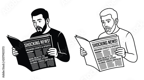 Photos Men Reading Newspaper With Shocking News Black And White Silhouette