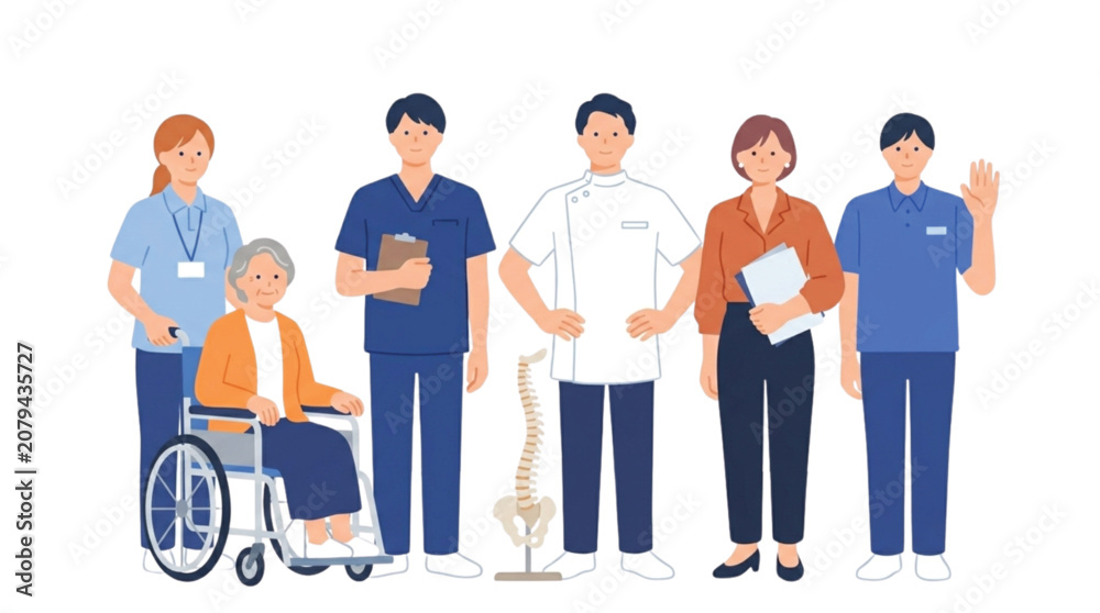 Obraz premium Medical healthcare staff and elderly patient in wheelchair flat illustration