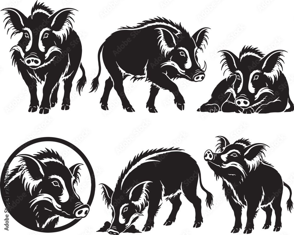 Obraz premium Red River Hog Silhouette Icon Set Collection Black Vector Wild Pig Wildlife Symbols Isolated On White Background