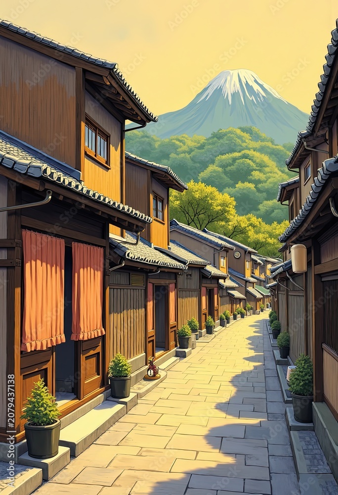 Obraz premium Traditional Japanese Street Scene with Mount Fuji and Row of Wooden Houses
