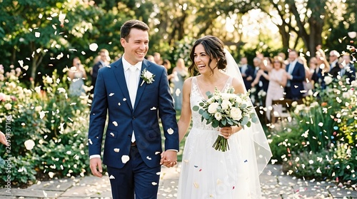 Happy wedding couple walking down aisle with confetti