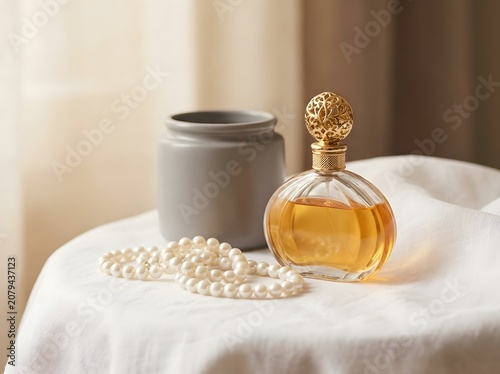 Luxurious perfume bottle with pearls and vase on white tablecloth